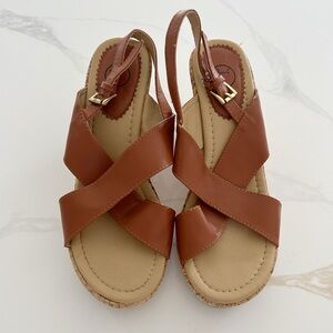 Women’s Beverly Mills Brown Crisscross Slingback Wedge Sandals Size 9